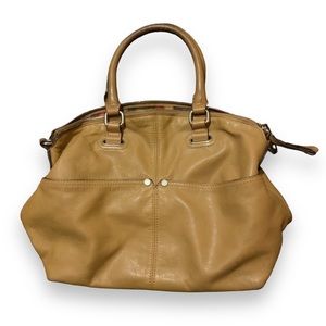 Tignanello Tan Purse Double Handle Shoulder Bag Multicolored Lining Many Pocket